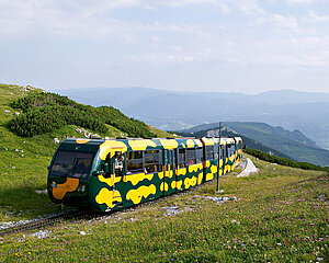 Bunte Zahnradbahn fährt durch alpine Berglandschaft mit weiter Aussicht